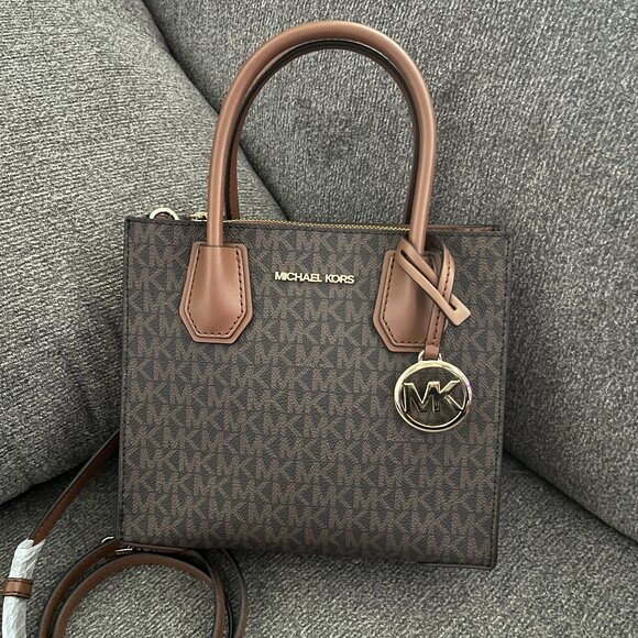 MICHAEL KORS MERCER MEDIUM MESSENGER CROSSBODY SATCHEL BAG MK BROWN SIGNATURE - Picture 1 of 10